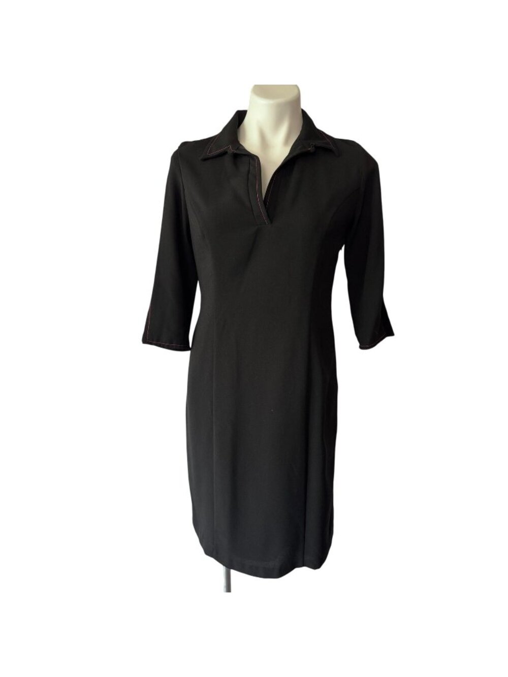 Black Dress With Red Stitching Trim 3/4 Sleeves Collared Neckline Size M Classic